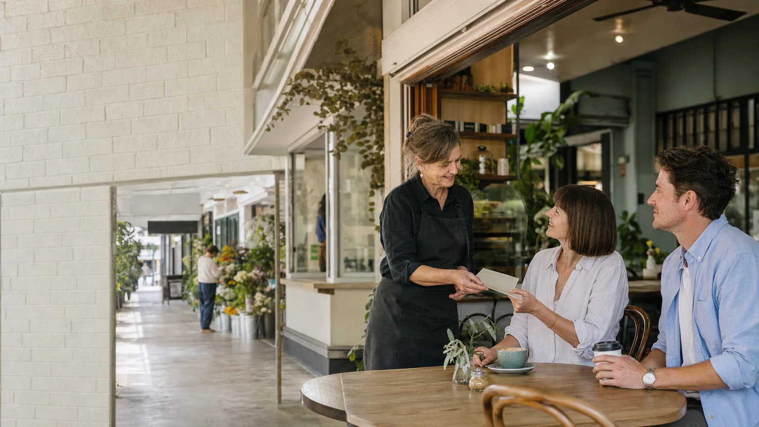 A café host welcomes a customer